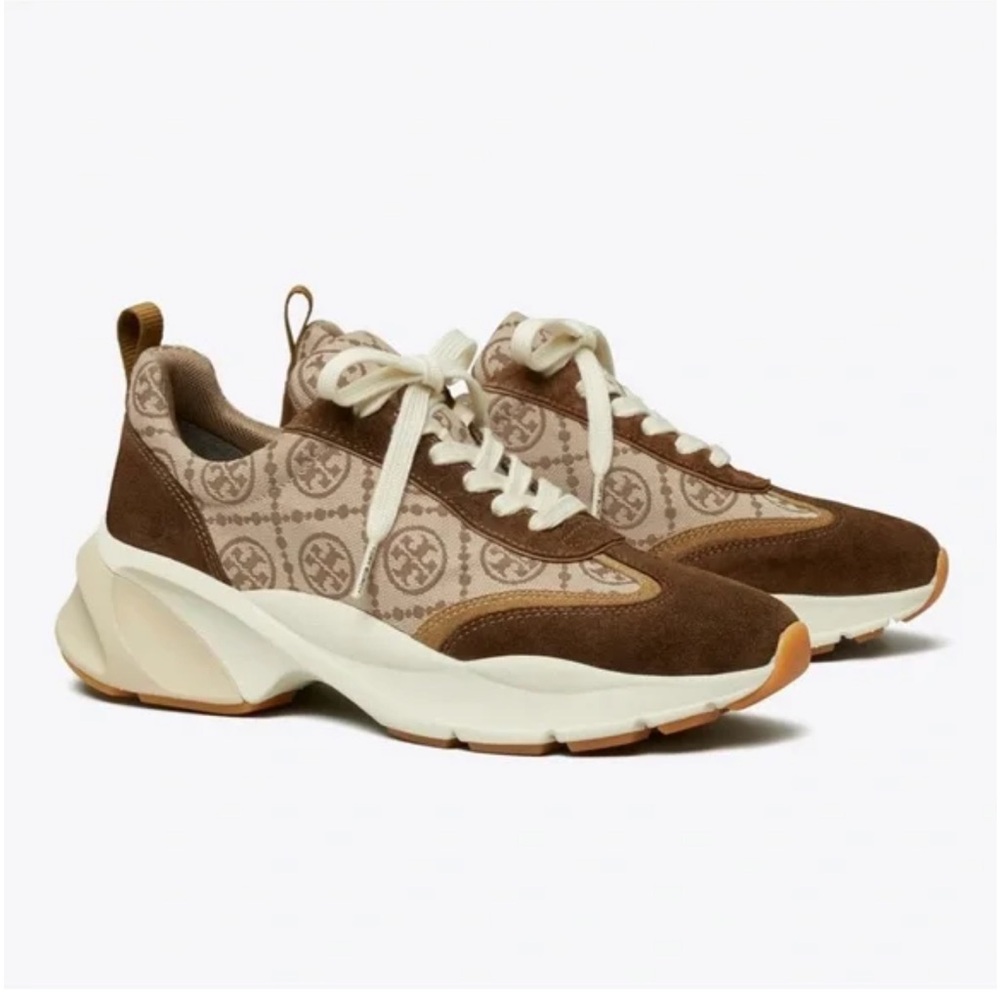 Tory Burch T Monogram Good Luck Trainer in Hazel Jacquard and Natural Suede